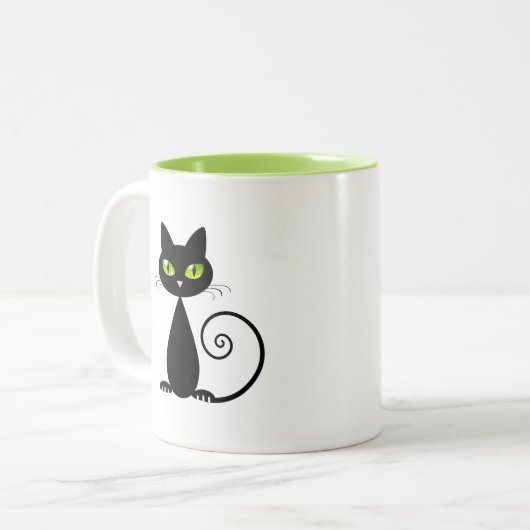 Cute Cool Sitting Black Cat met groene ogen Tweekleurige Koffiemok (Voorkant links)