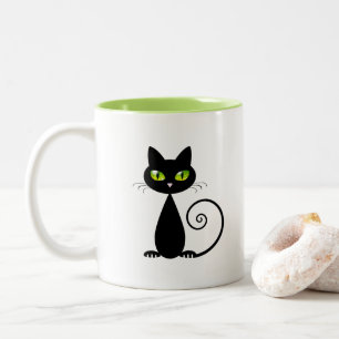 Cute Cool Sitting Black Cat met groene ogen Tweekleurige Koffiemok