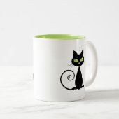 Cute Cool Sitting Black Cat met groene ogen Tweekleurige Koffiemok (Voorkant rechts)