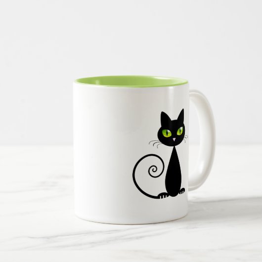 Cute Cool Sitting Black Cat met groene ogen Tweekleurige Koffiemok (Voorkant rechts)