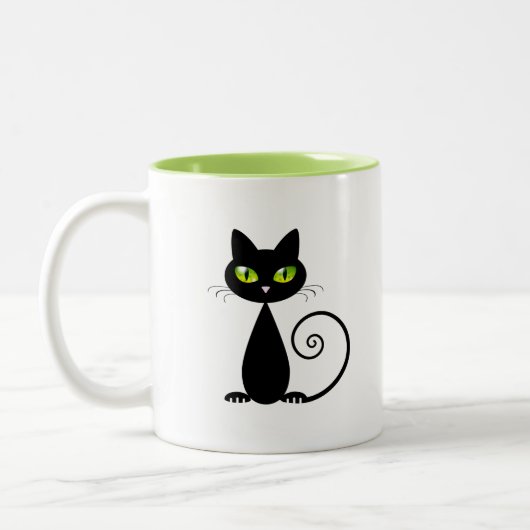 Cute Cool Sitting Black Cat met groene ogen Tweekleurige Koffiemok (Links)