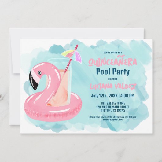 Cute Cool Tropical Flamingo Pool Party Quinceañera Kaart (Voorkant)