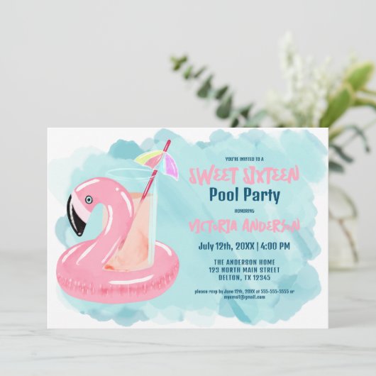 Cute Cool Tropical Flamingo Pool Party Sweet 16 Kaart (Staand voorkant)