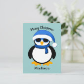 Cute coole pinguin Merry-kerstblauw Briefkaart (Staand voorkant)