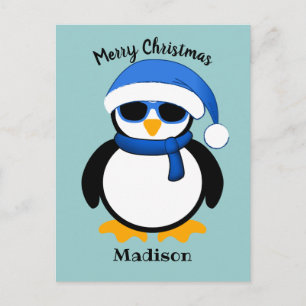 Cute coole pinguin Merry-kerstblauw Briefkaart