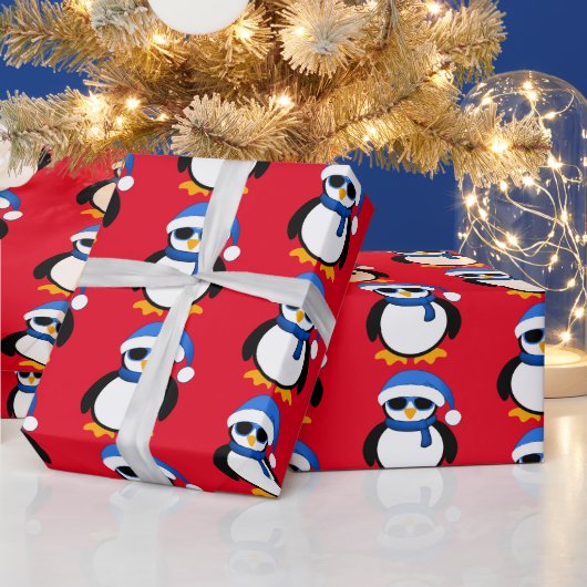Cute coole pinguïn met kerstwinterpatroon rood cadeaupapier (Feestdagen)