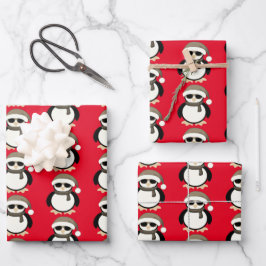 Cute coole pinguïn met kerstwinterpatroon rood inpakpapier vel
