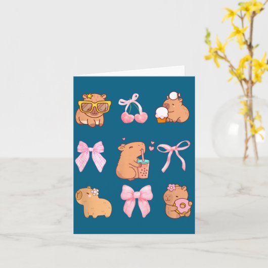 Cute Coquette Bow Capybara Pajamas Pjs Clothes Gir Kaart (Gele Bloem)