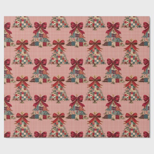 Cute coquette patchwork christmas trees gingham cadeaupapier (Vlak)