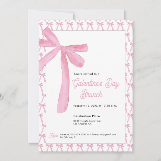 Cute Coquette Pink Bow Galentine’s Day Brunch Kaart (Voorkant)