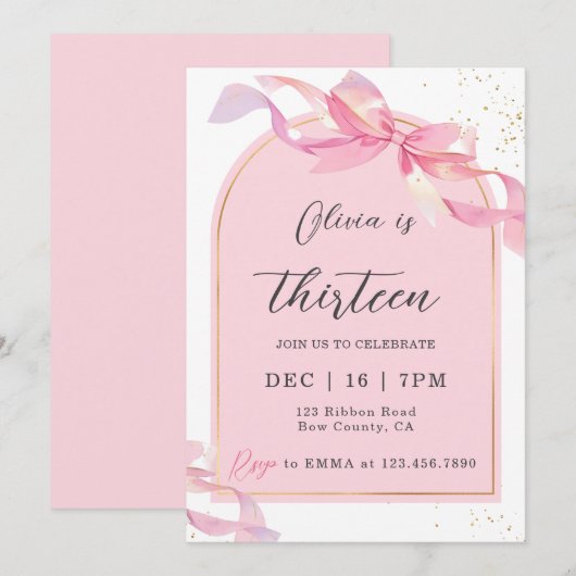 Cute Coquette Pink Gold Bow Girl Birthday Kaart (Voorkant / Achterkant)