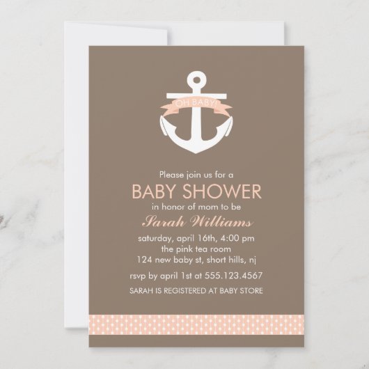 Cute Coral Anchor Nautical Theme Baby shower Kaart (Voorkant)