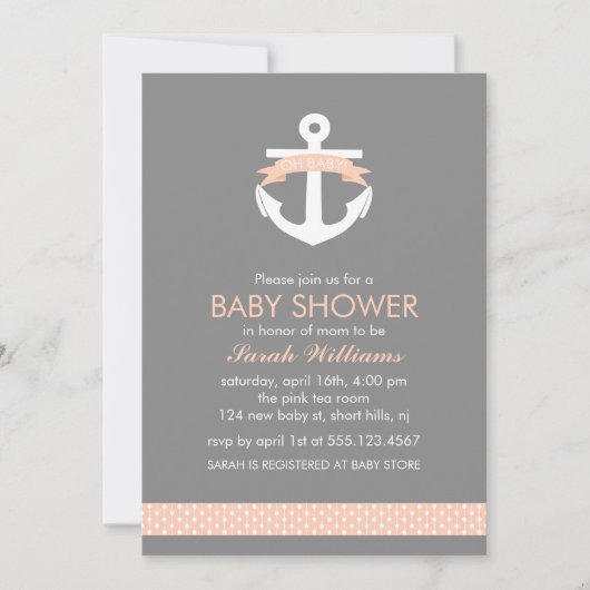 Cute Coral Anchor Nautical Theme Baby shower Kaart (Voorkant)