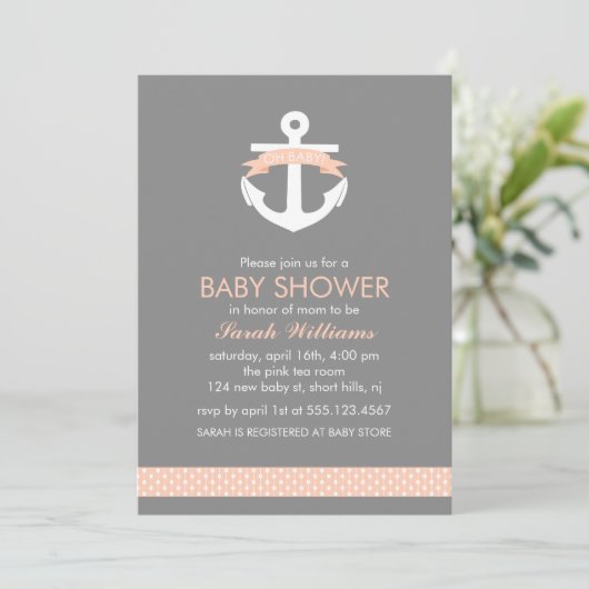Cute Coral Anchor Nautical Theme Baby shower Kaart (Staand voorkant)
