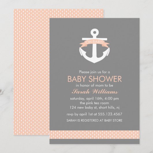 Cute Coral Anchor Nautical Theme Baby shower Kaart (Voorkant / Achterkant)