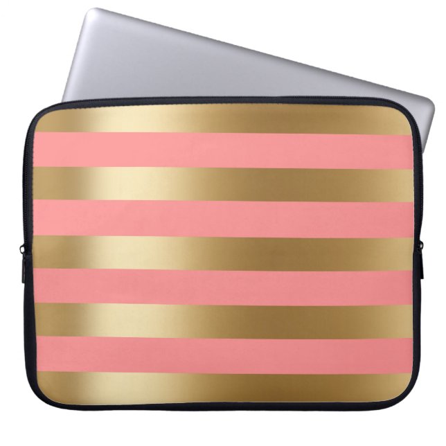 Cute Coral and Gold Stripe Laptop Sleeve (Voorkant)