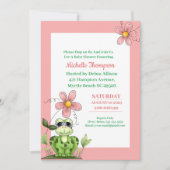 Cute Coral and Green Frog Baby shower Invitation Kaart (Voorkant)