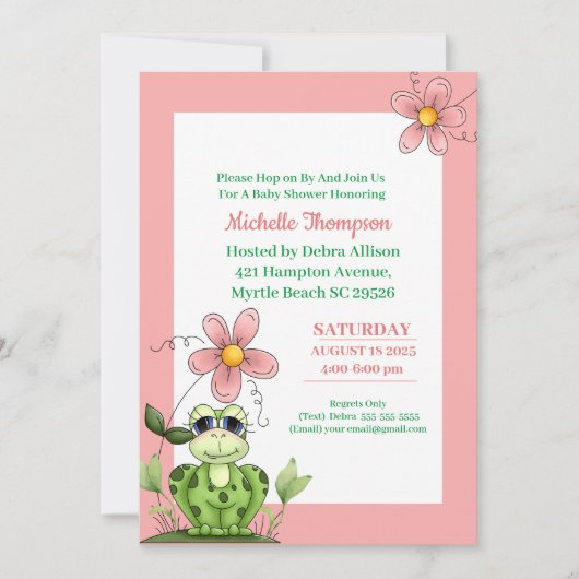 Cute Coral and Green Frog Baby shower Invitation Kaart (Voorkant)