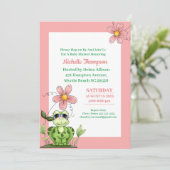 Cute Coral and Green Frog Baby shower Invitation Kaart (Staand voorkant)