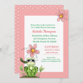 Cute Coral and Green Frog Baby shower Invitation Kaart (Voorkant / Achterkant)
