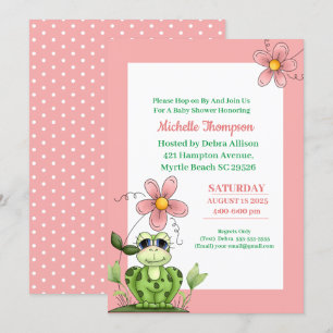 Cute Coral and Green Frog Baby shower Invitation Kaart