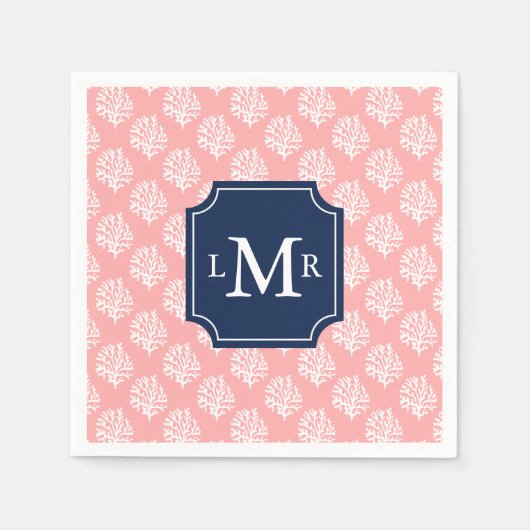 Cute Coral Pattern en Blue Monogram Servet (Voorkant)