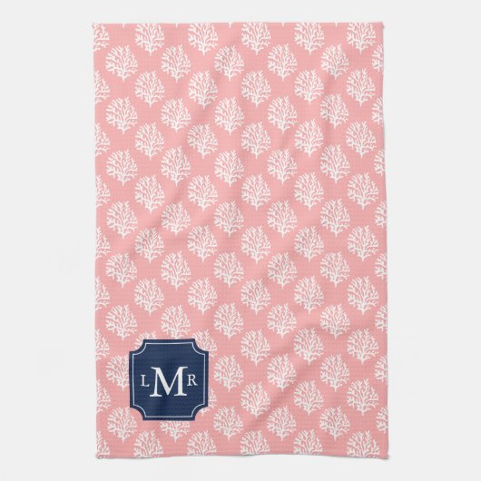 Cute Coral Pattern en Blue Monogram Theedoek (Verticaal)