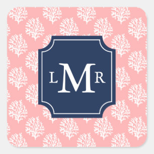 Cute Coral Pattern en Blue Monogram Vierkante Sticker