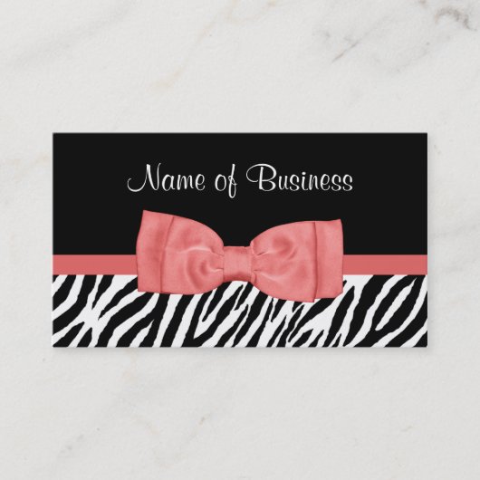 Cute Coral Pink en Black Zebra Print Bow Visitekaartje (Voorkant)