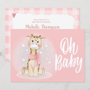 Cute Coral Pink Giraffe Baby shower Kaart