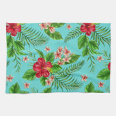 Cute coral Tropical Hibiscus flower on Turquoise Theedoek (Horizontaal)