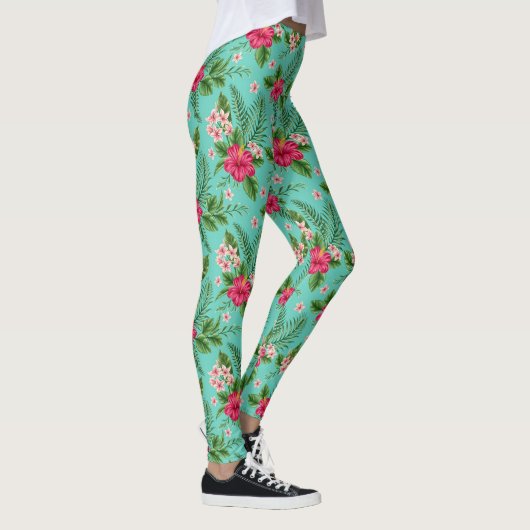 Cute Coral Tropical Summer Flower on Turquoise Leggings (Rechts)