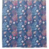 Cute Corals Seashells Oysters In Ocean Dusky Blue Douchegordijn (Voorkant)
