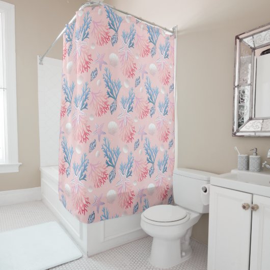 Cute Corals Seashells Oysters In Ocean Pastel Pink Douchegordijn (In situ)