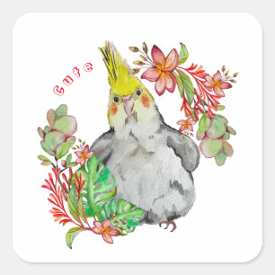 Cute Corella parrot in tropische bloemen Baby Body Vierkante Sticker