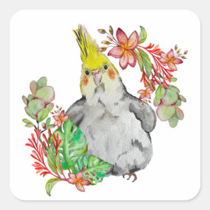 Cute Corella parrot in tropische bloemen Baby Body Vierkante Sticker