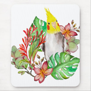 Cute Corella parrot in tropische planten en bloeme Muismat