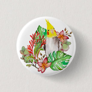 Cute Corella parrot in tropische planten en bloeme Ronde Button 3,2 Cm