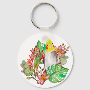 Cute Corella parrot in tropische planten en bloeme Sleutelhanger