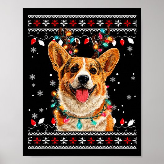 Cute Corgi Dog Christmas Reindeer Santa Hat  Poster (Voorkant)