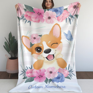 Cute Corgi Dog Flower WreatBlue Butterfly Custom Fleece Deken