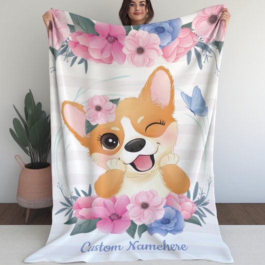 Cute Corgi Dog Flower WreatBlue Butterfly Custom Fleece Deken