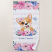 Cute Corgi Dog Flower WreatBlue Butterfly Custom Strandlaken (Voorkant)