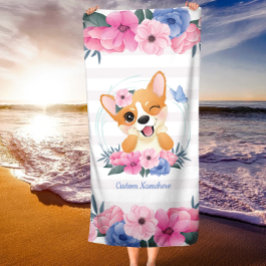 Cute Corgi Dog Flower WreatBlue Butterfly Custom Strandlaken