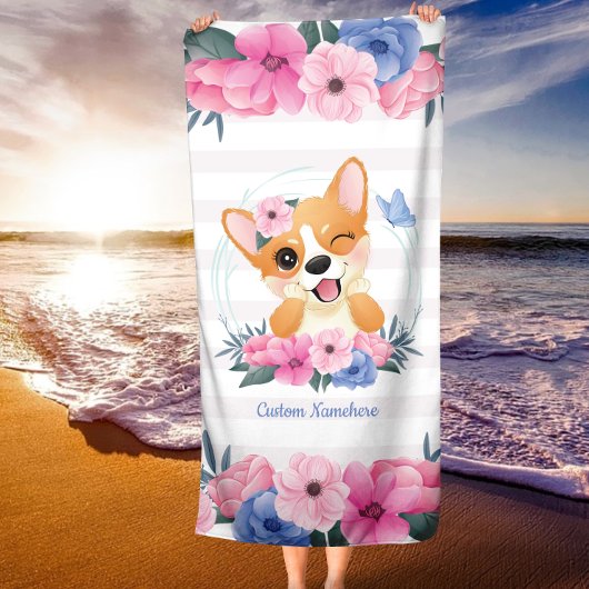 Cute Corgi Dog Flower WreatBlue Butterfly Custom Strandlaken