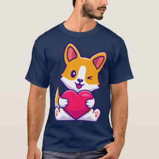 Cute Corgi Dog Holding Heart Cartoon T-shirt
