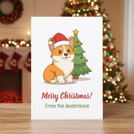 Cute Corgi Dog in a Red Hat with Christmas Tree Feestdagenkaart
