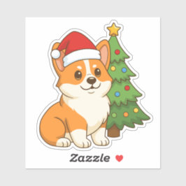 Cute Corgi Dog in a Red Hat with Christmas Tree Sticker