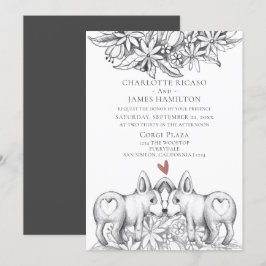 Cute Corgi Dog Pencil Drawing Wedding Kaart