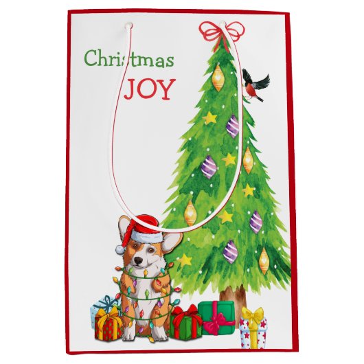 Cute Corgi Dog Santa Hat en kerstboom Medium Cadeauzakje (Voorkant)
